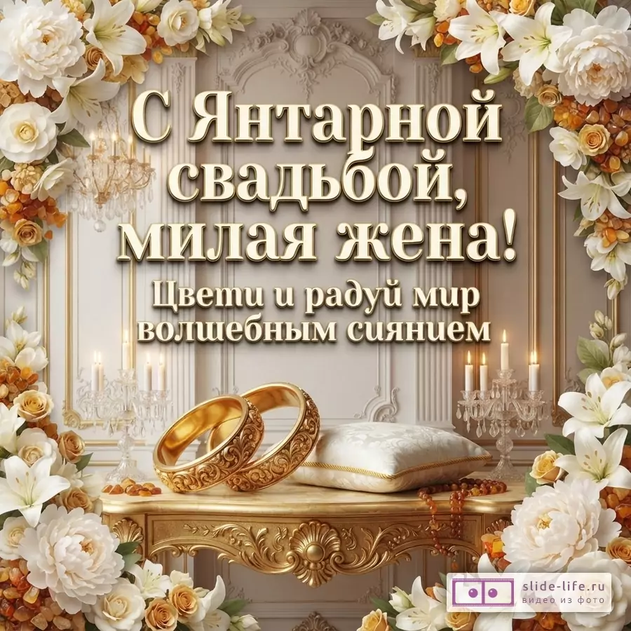 Открытка с бежевым фоном, золотыми рамками и цветами, на переднем плане золотые кольца и подушка. Текст: «С Янтарной свадьбой, милая жена! Цвети и радуй мир волшебным сиянием»