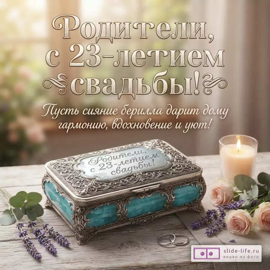 «Родители, с 23-летием свадьбы! Пусть сияние берилла дарит дому гармонию, вдохновение и уют!» Открытка с бирюзовой шкатулкой, розами и свечой на светлом фоне.