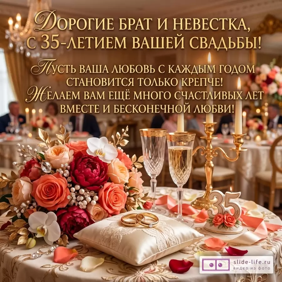 Бежево-золотой праздничный зал, букет роз, бокалы, подсвечник, кольца и «35». Текст: «Дорогие брат и невестка, с 35-летием вашей свадьбы! Пусть ваша любовь крепнет, счастья и любви!»