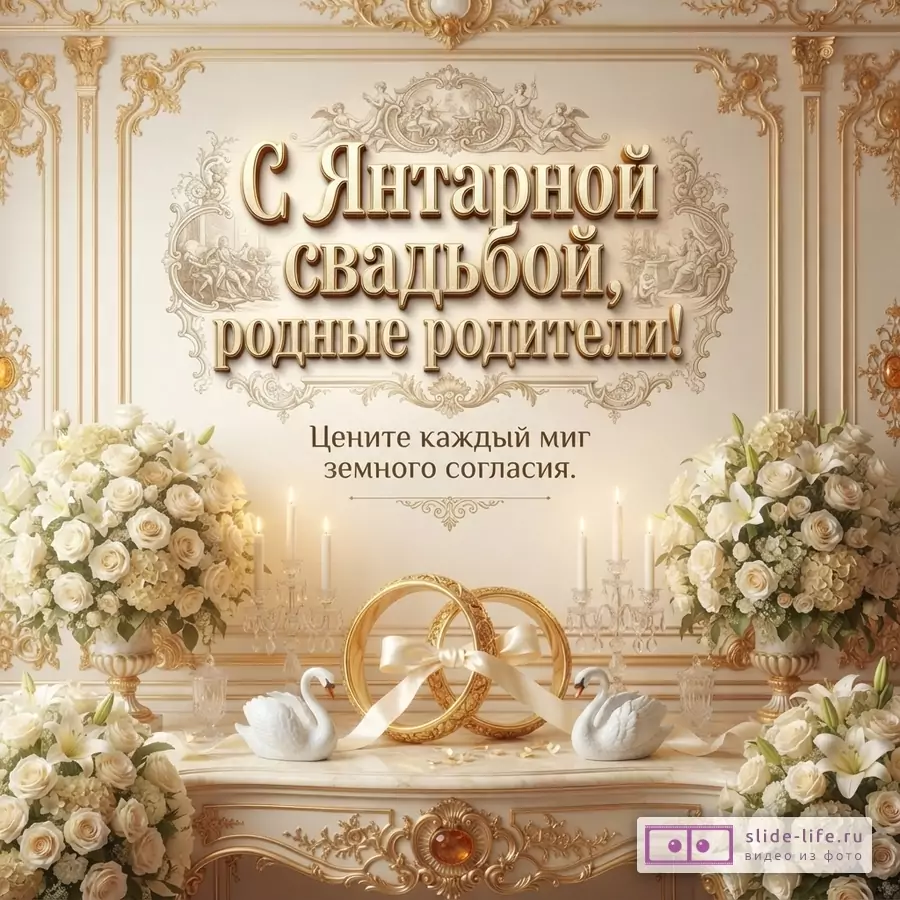 Бежевый фон, золотые узоры, белые цветы, свечи, два золотых кольца, два белых лебедя. Текст: «С Янтарной свадьбой, родные родители! Цените каждый миг земного согласия.»