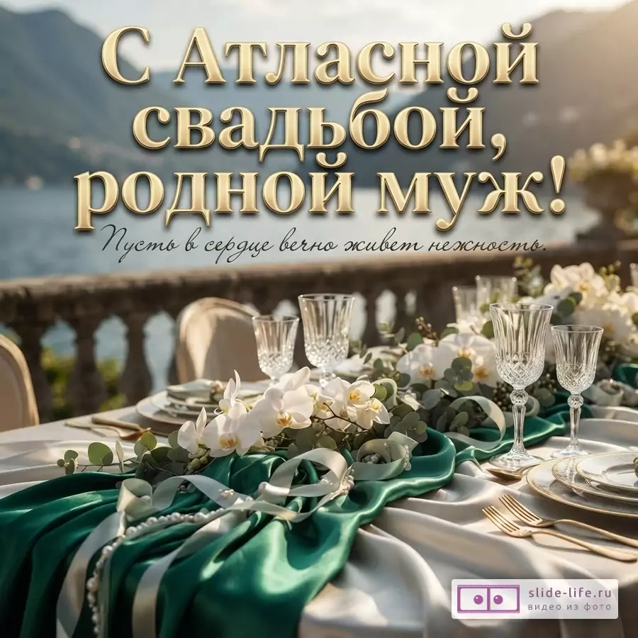 Сервированный стол с изумрудной атласной тканью, белыми орхидеями и хрустальными бокалами с надписью «С Атласной свадьбой, родной муж! Пусть в сердце вечно живет нежность.»