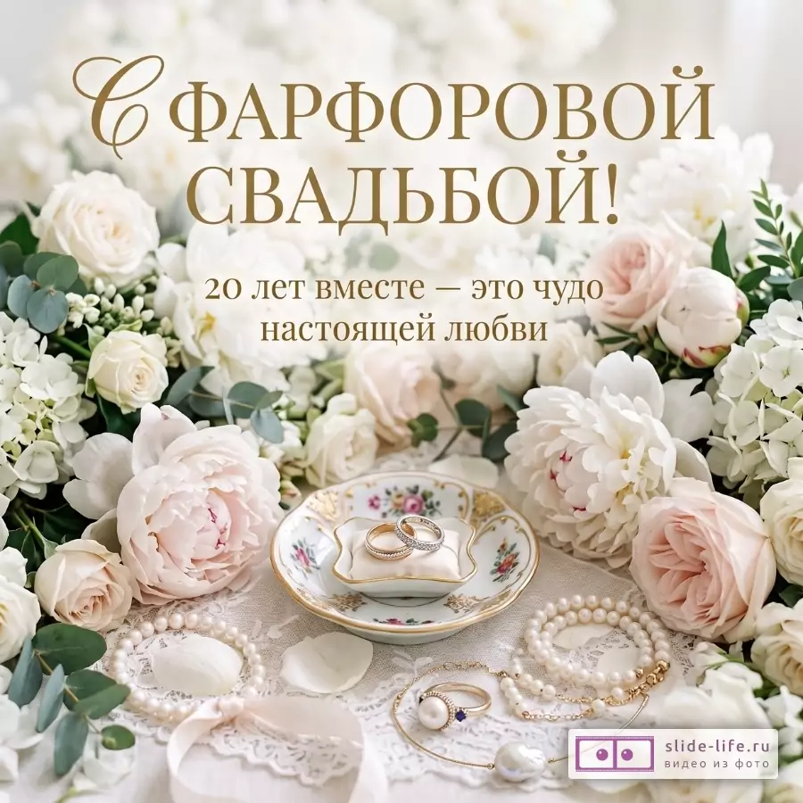 Кремово-белый фон, белые и нежно-розовые цветы, фарфоровое блюдце с чайной парой и обручальными кольцами, жемчуг. Текст: «С ФАРФОРОВОЙ СВАДЬБОЙ! 20 лет вместе — это чудо настоящей любви»