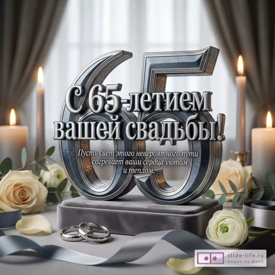 Серебристая объемная цифра 65 на серой подставке, белые свечи, белые розы, обручальные кольца, серые ленты, светлый фон со шторами, текст «С 65-летием вашей свадьбы! Пусть свет этого невероятного пути согревает ваши сердца уютом и теплом.»