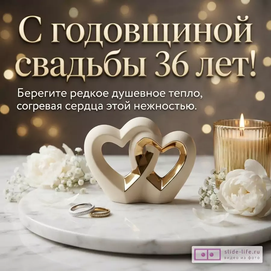 Открытка с надписью «С годовщиной свадьбы 36 лет! Берегите редкое душевное тепло, согревая сердца этой нежностью.» на темно-сером фоне с золотистыми боке, изображением двух переплетенных сердец кремового цвета с золотыми вставками, обручальных колец, белых цветов и горящей свечи.