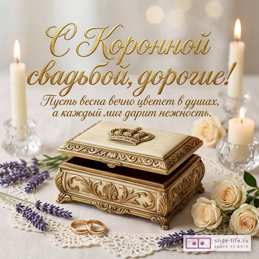 Резная шкатулка с короной, кольца, свечи и розы с текстом «С Коронной свадьбой, дорогие! Пусть весна вечно цветет в душах, а каждый миг дарит нежность.»