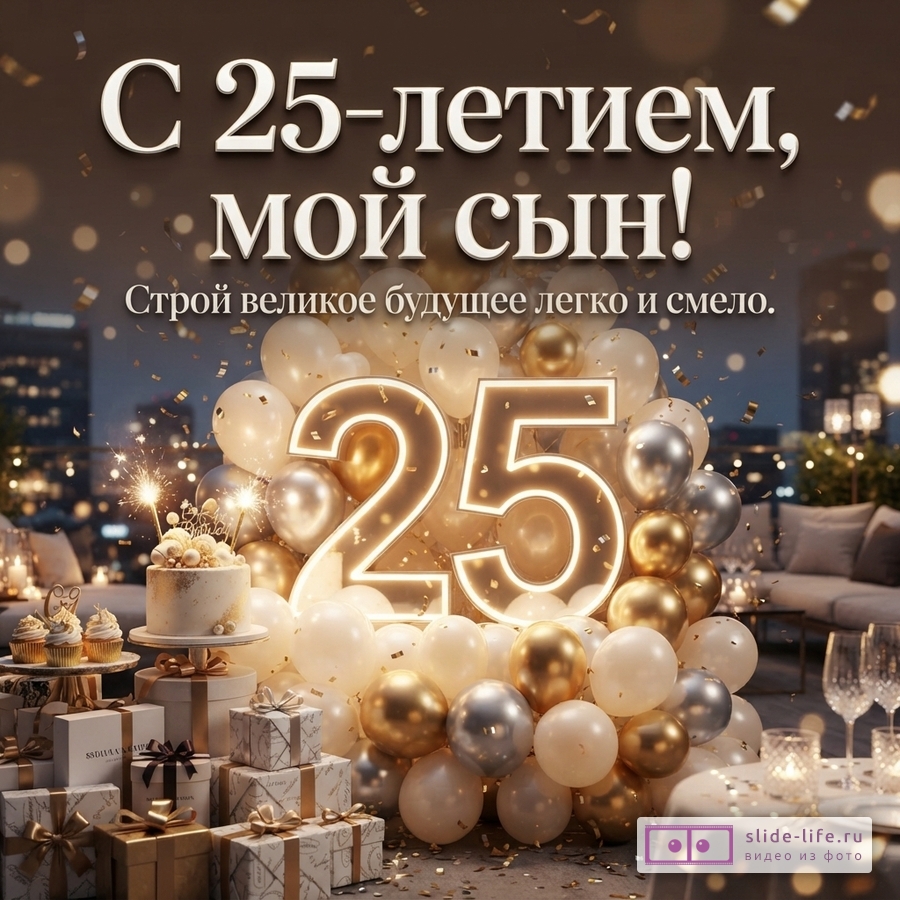 Светящаяся цифра 25 в окружении золотых и белых шаров, праздничный торт, подарки и текст «С 25-летием, мой сын! Строй великое будущее легко и смело.».