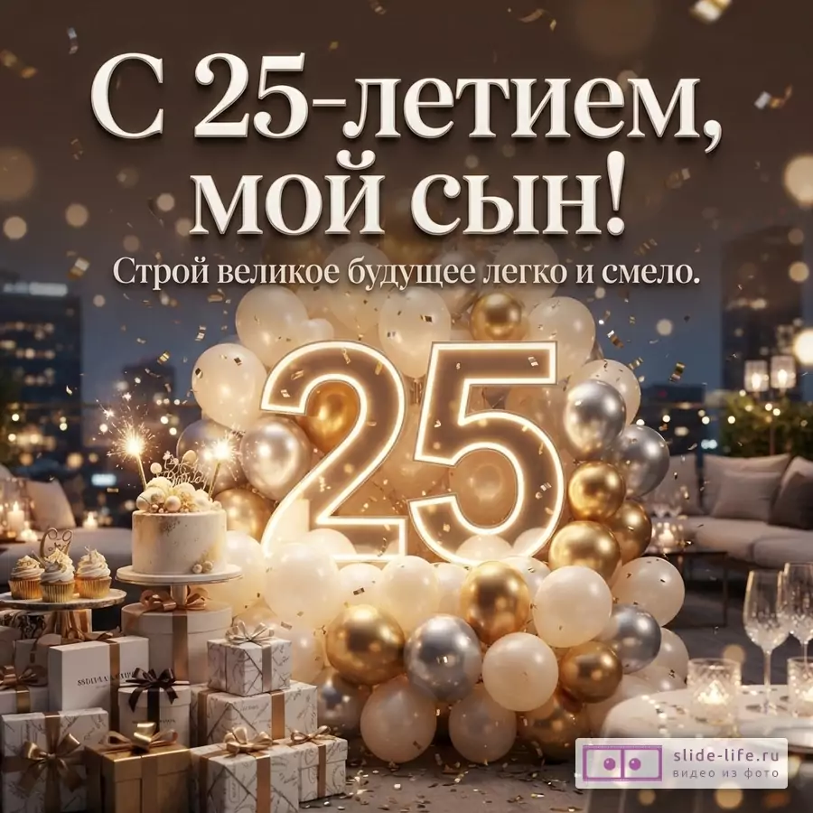 Светящаяся цифра 25 в окружении золотых и белых шаров, праздничный торт, подарки и текст «С 25-летием, мой сын! Строй великое будущее легко и смело.».
