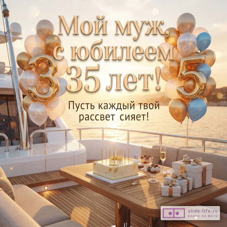Палуба яхты на фоне моря с праздничным столом, тортом, подарками, воздушными шарами и надписью «Мой муж, с юбилеем 35 лет! Пусть каждый твой рассвет сияет!».