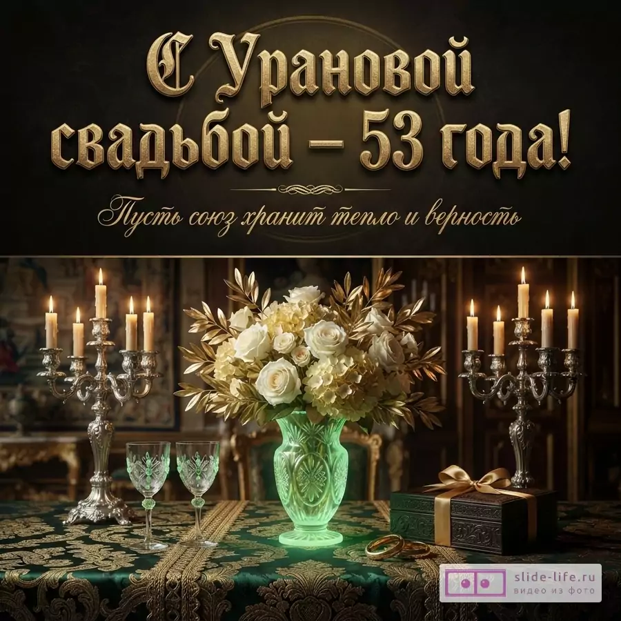 Темный фон, золотые буквы, свечи, букет белых роз с золотыми листьями, зеленая ваза, два бокала, подарочная коробка, кольца. Текст: «С Урановой свадьбой – 53 года! Пусть союз хранит тепло и верность»