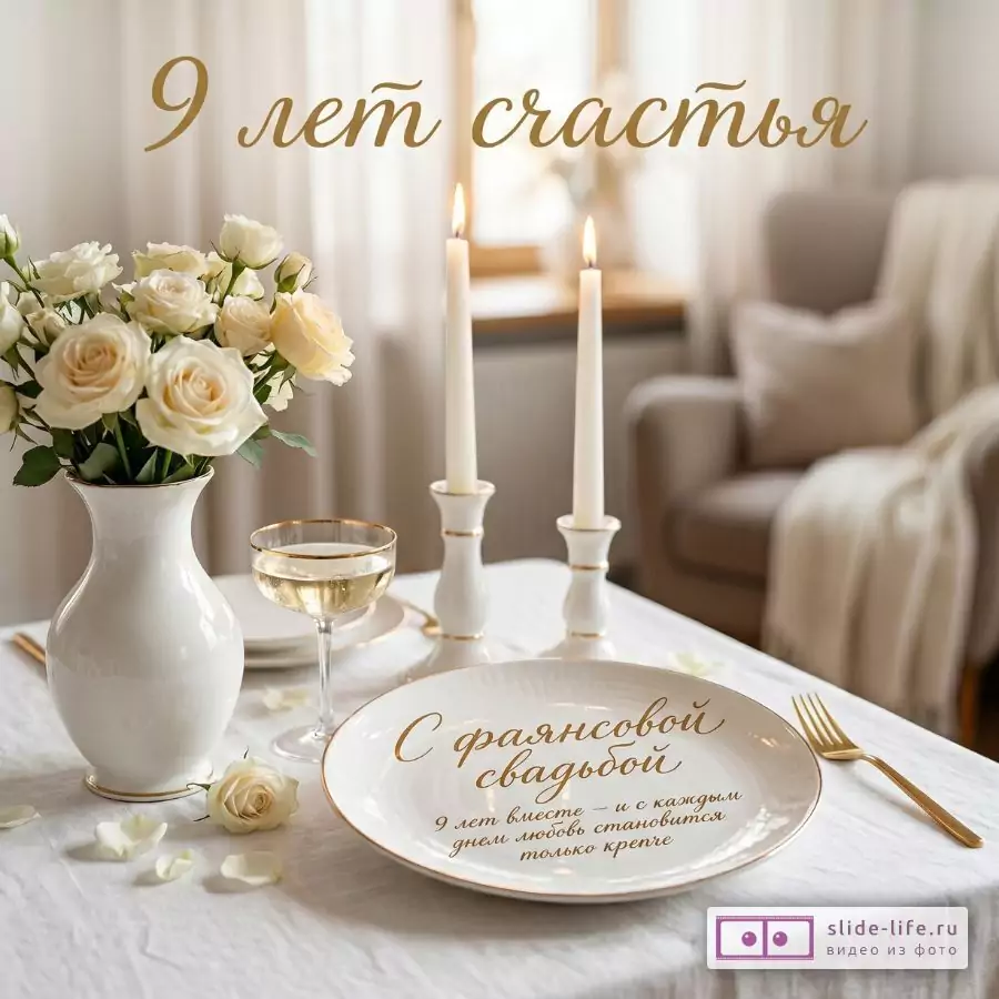 Бежево-белый фон, сервированный стол с белыми розами, свечами и бокалом; текст: «9 лет счастья», «С фаянсовой свадьбой», «9 лет вместе - и с каждым днем любовь становится только крепче».