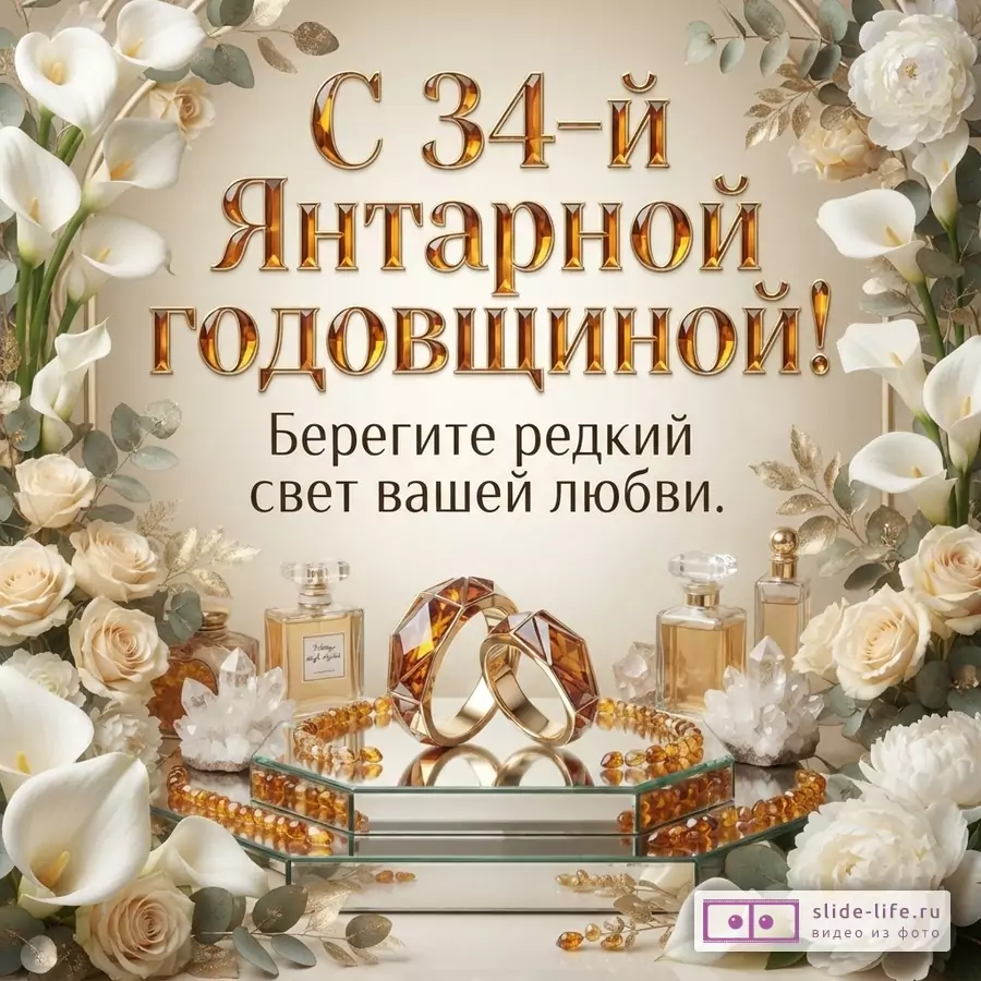 Открытка с бежевым фоном, золотыми буквами, белыми каллами, розами, янтарными кольцами и бусами. Текст: «С 34-й Янтарной годовщиной! Берегите редкий свет вашей любви.»