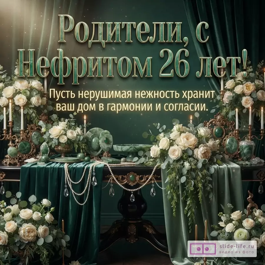 Темно-зеленый фон с бархатными шторами, стол с белыми розами, нефритом и свечами, надпись: «Родители, с Нефритом 26 лет! Пусть нерушимая нежность хранит ваш дом в гармонии и согласии.»