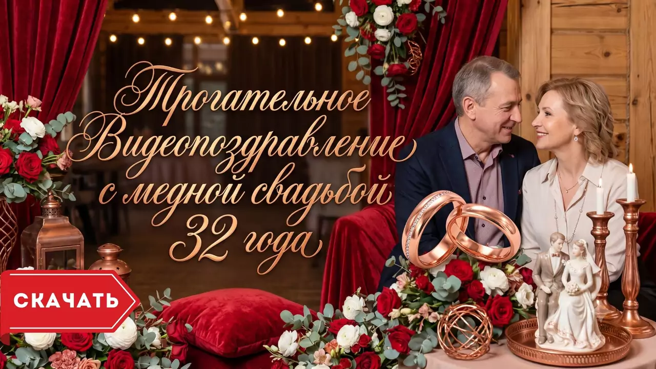 Видеопоздравление с Медной свадьбой о тепле очага и 32 годах гармонии