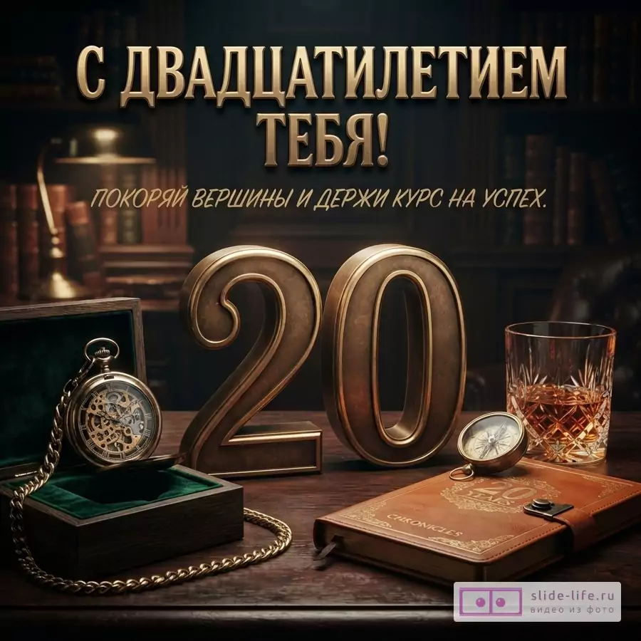 Темный фон с кабинетом, крупная цифра 20, часы, компас, бокал и ежедневник, текст «С ДВАДЦАТИЛЕТИЕМ ТЕБЯ! ПОКОРЯЙ ВЕРШИНЫ И ДЕРЖИ КУРС НА УСПЕХ.»