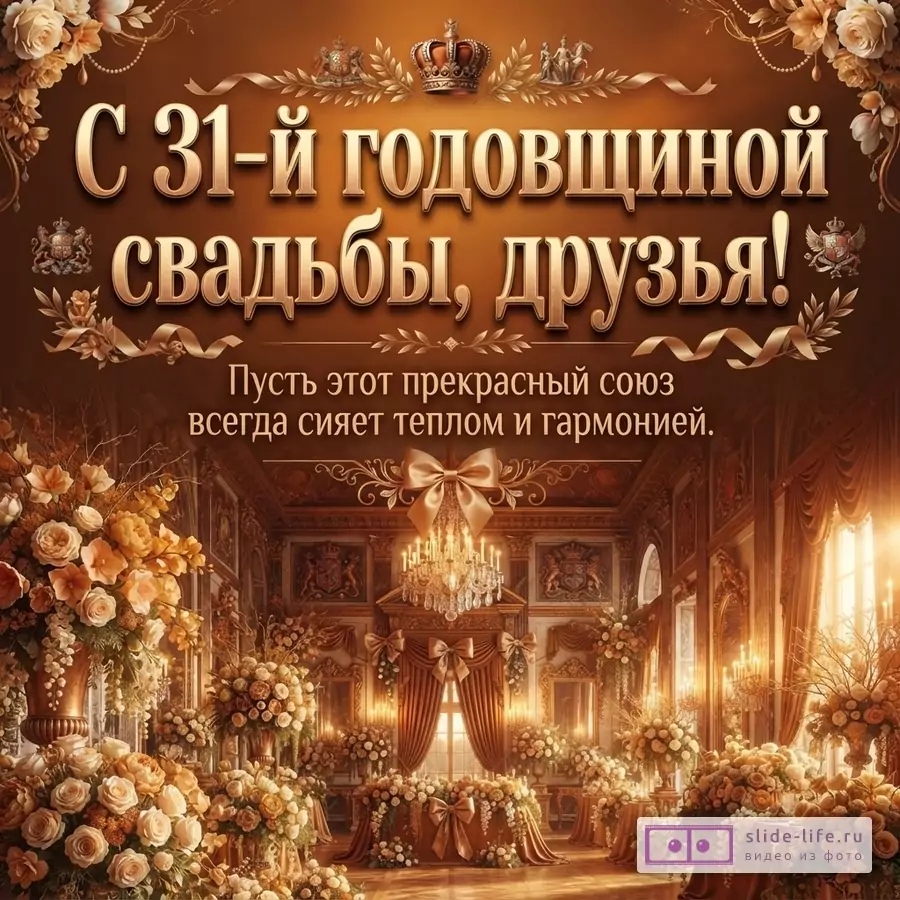Коричнево-золотая открытка с цветами, лентами, короной и текстом «С 31-й годовщиной свадьбы, друзья! Пусть этот прекрасный союз всегда сияет теплом и гармонией.»