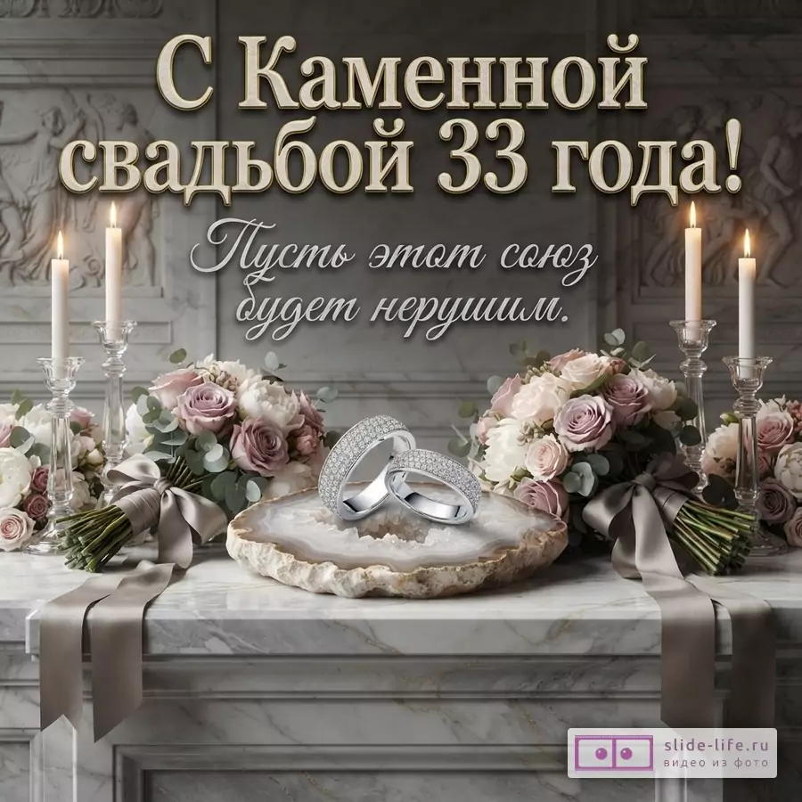 Открытка с Каменной свадьбой 33 года на сером фоне с мраморным камином, двумя букетами цветов, двумя подсвечниками со свечами, двумя обручальными кольцами на срезе камня. Текст: «С Каменной свадьбой 33 года! Пусть этот союз будет нерушим.»