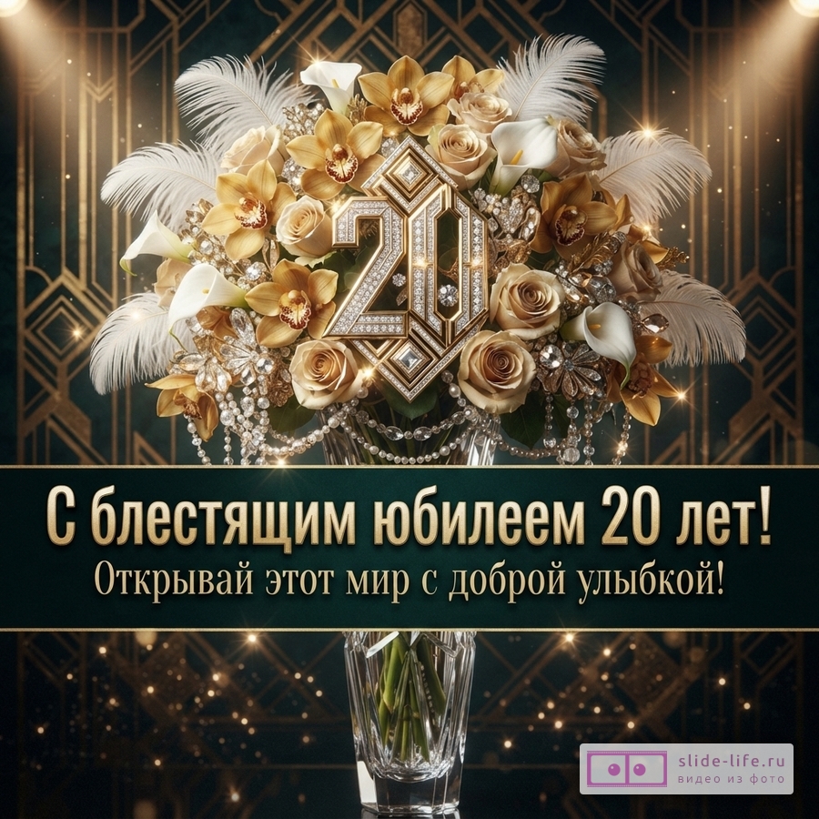 Открытка с золотыми цветами, белыми перьями и цифрой «20» из страз на темно-зеленом фоне. Текст: «С блестящим юбилеем 20 лет! Открывай этот мир с доброй улыбкой!»