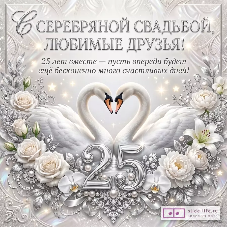 Серебристо-белый фон, два белых лебедя, цветы и листья, крупная цифра 25. Текст: «С СЕРЕБРЯНОЙ СВАДЬБОЙ, ЛЮБИМЫЕ ДРУЗЬЯ! 25 лет вместе — пусть впереди будет ещё бесконечно много счастливых дней!»