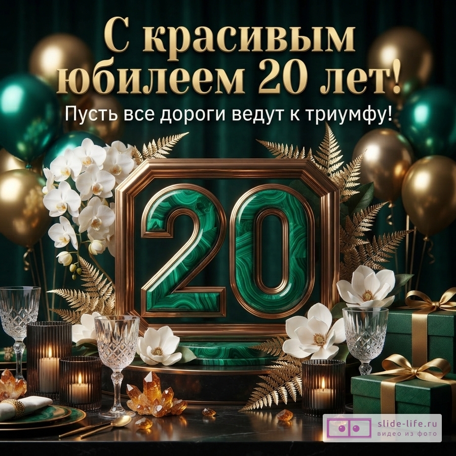 Изумрудно-зеленый фон, золотые и зеленые шары, золотая рамка с цифрой «20» из малахита, белые орхидеи, золотые листья папоротника, свечи, бокалы, подарки. Текст: «С красивым юбилеем 20 лет! Пусть все дороги ведут к триумфу!»
