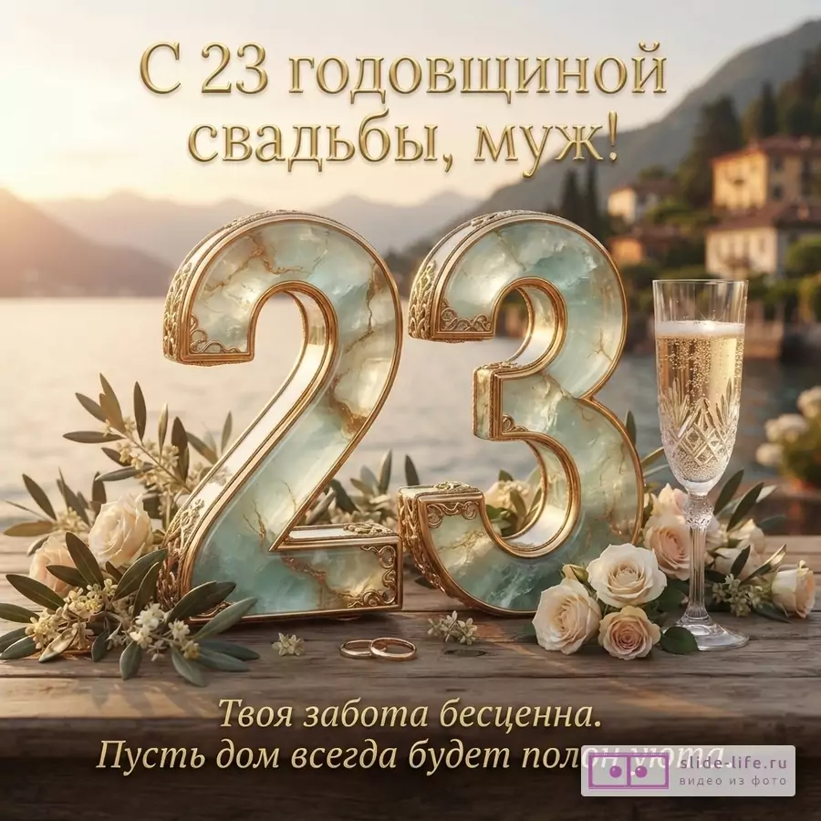 Объемная цифра 23 из берилла в золотой оправе, бокал шампанского, розы, обручальные кольца на фоне озера и гор с текстом «С 23 годовщиной свадьбы, муж! Твоя забота бесценна. Пусть дом всегда будет полон уюта.»