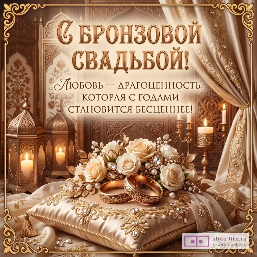 Бронзово-бежевый праздничный фон, свечи, белые розы и два обручальных кольца. Текст: «С БРОНЗОВОЙ СВАДЬБОЙ! Любовь — драгоценность, которая с годами становится бесценнее!»