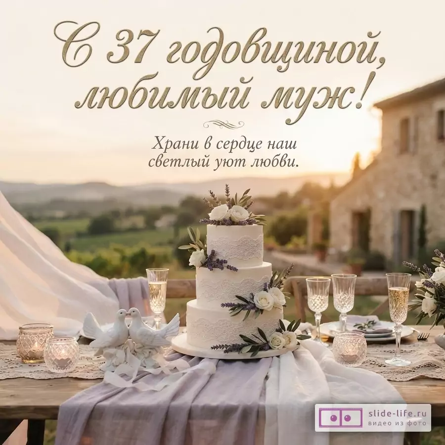 Светло-бежевый фон, свадебный торт, бокалы, свечи. Надпись «С 37 годовщиной, любимый муж! Храни в сердце наш светлый уют любви.»