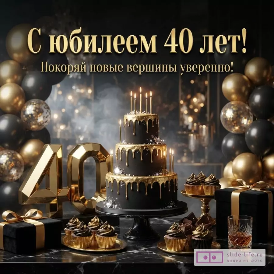 Черно-золотая открытка с юбилеем 40 лет. На черном фоне золотые шары, черный торт с золотой глазурью и свечами, золотые цифры «40», кексы, подарки. Текст: «С юбилеем 40 лет!» «Покоряй новые вершины уверенно!»
