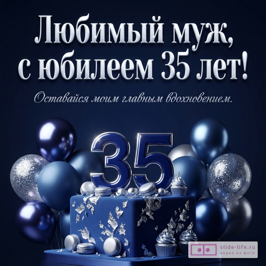 Темно-синий торт с серебряным декором и цифрой 35 в окружении синих и серебристых шаров с надписью «Любимый муж, с юбилеем 35 лет! Оставайся моим главным вдохновением.»