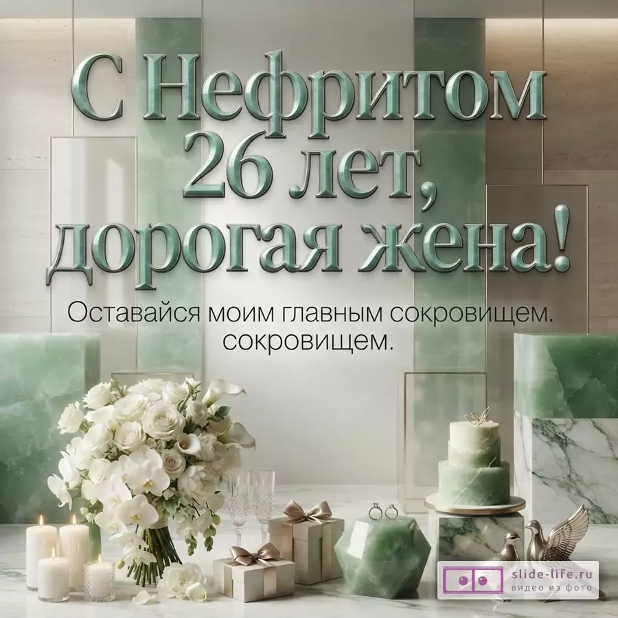 Мятно-зеленый и белый фон, крупная надпись «С Нефритом 26 лет, дорогая жена!», ниже текст «Оставайся моим главным сокровищем.», внизу цветы, свечи, подарки и торт.