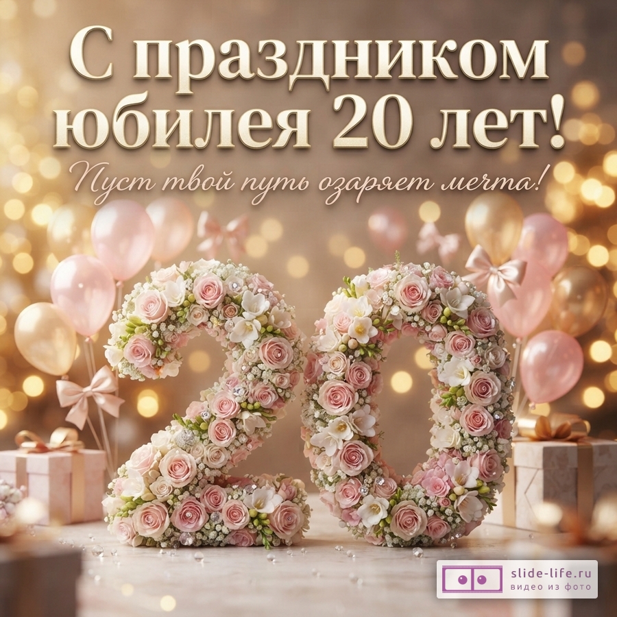Фон золотистый с боке, цифры «20» из розовых и белых цветов, розовые и золотые воздушные шары, подарочные коробки. Текст: «С праздником юбилея 20 лет! Пусть твой путь озаряет мечта!»