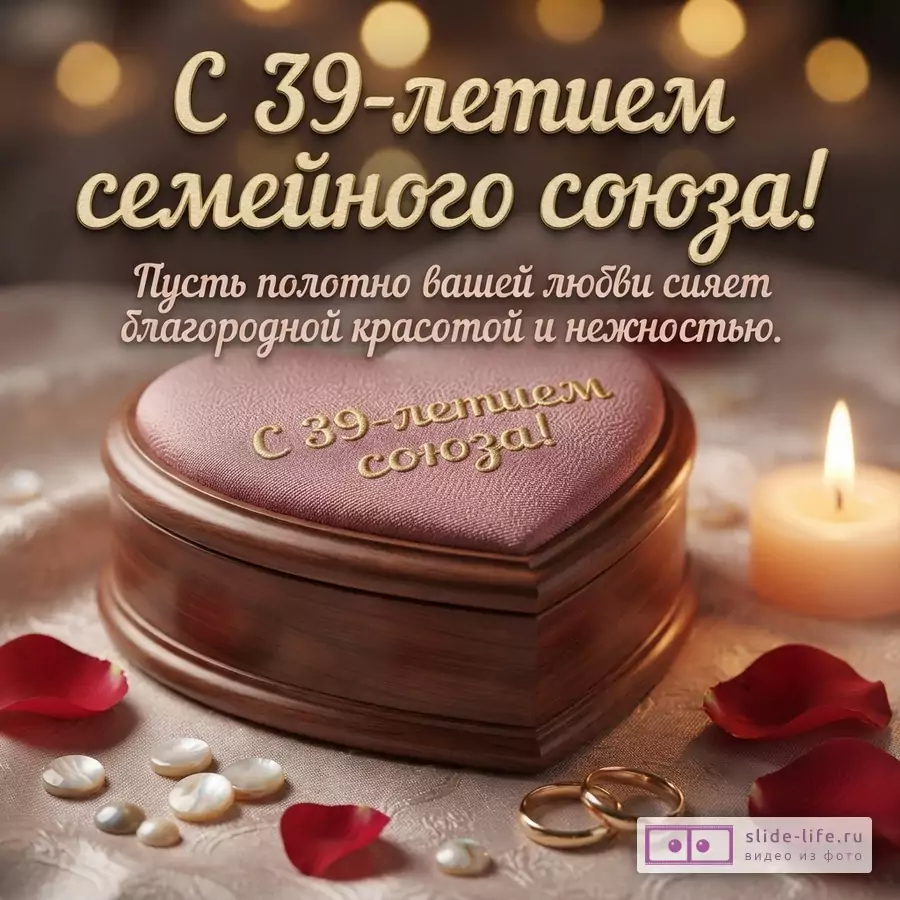 Золотистый фон боке, розовая шкатулка в форме сердца, красные лепестки роз, горящая свеча, обручальные кольца. Текст: «С 39-летием семейного союза! Пусть полотно вашей любви сияет благородной красотой и нежностью»