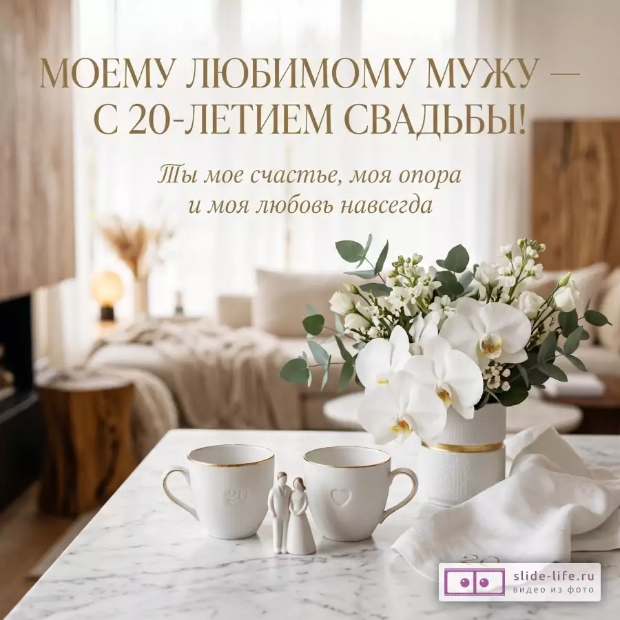 Бежево-белый интерьер, белые фарфоровые чашки с золотой каймой, фигурка пары и букет белых орхидей. Текст: «МОЕМУ ЛЮБИМОМУ МУЖУ — С 20-ЛЕТИЕМ СВАДЬБЫ! Ты мое счастье, моя опора и моя любовь навсегда»