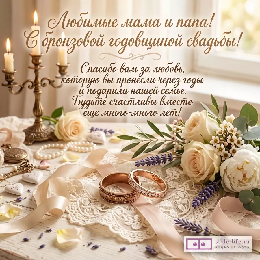 Светлая бежевая свадебная композиция с розами, кольцами, свечами и лентами; текст «Любимые мама и папа! С бронзовой годовщиной свадьбы!».