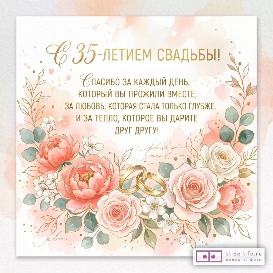 Светлый пастельный фон с розовыми пятнами, цветами и золотыми кольцами; текст «С 35-летием свадьбы!» и «Спасибо за каждый день, который вы прожили вместе».