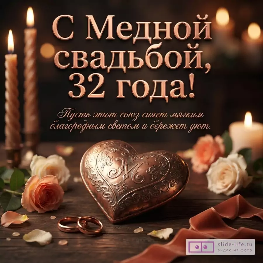 Темный фон, две горящие свечи, медное сердце, два обручальных кольца, розы, лепестки. Надпись «С Медной свадьбой, 32 года! Пусть этот союз сияет мягким благородным светом и бережет уют.»