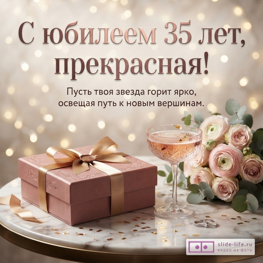 Подарочная коробка с бантом, бокал шампанского и букет роз на мраморном столе с текстом «С юбилеем 35 лет, прекрасная! Пусть твоя звезда горит ярко, освещая путь к новым вершинам.»