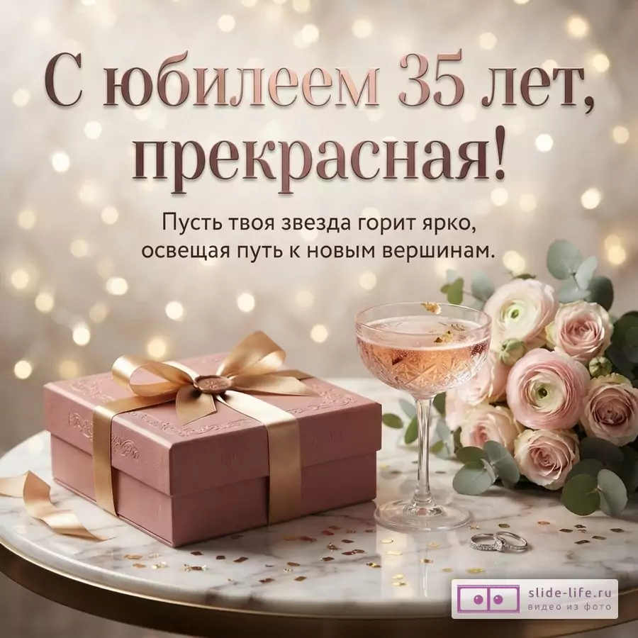 Подарочная коробка с бантом, бокал шампанского и букет роз на мраморном столе с текстом «С юбилеем 35 лет, прекрасная! Пусть твоя звезда горит ярко, освещая путь к новым вершинам.»