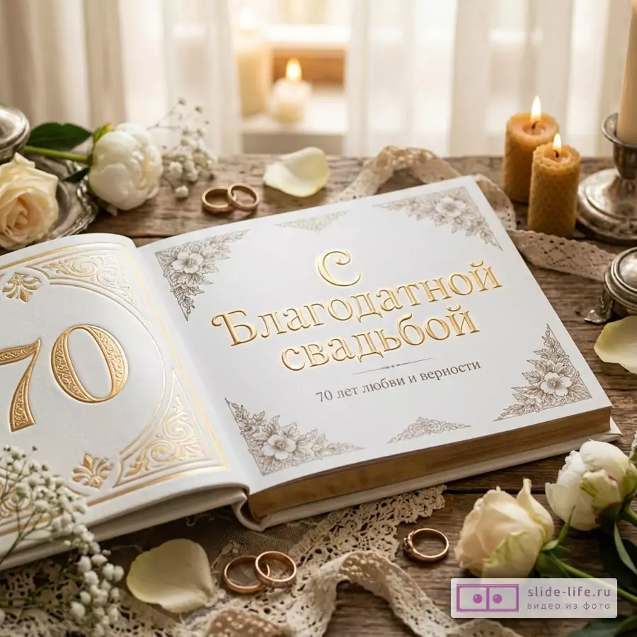 Белая книга с золотым тиснением, число «70», надпись «С Благодатной свадьбой», текст «Вариант 7», свечи, обручальные кольца, лепестки роз, белые цветы, бежевый фон
