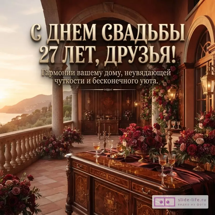 Открытка с видом на террасу с колоннами и морем на закате, украшенную красными цветами. На переднем плане деревянный стол с цветами и бокалами. Текст: «С днем свадьбы 27 лет, друзья! Гармонии вашему дому, неувядающей чуткости и бесконечного уюта.»