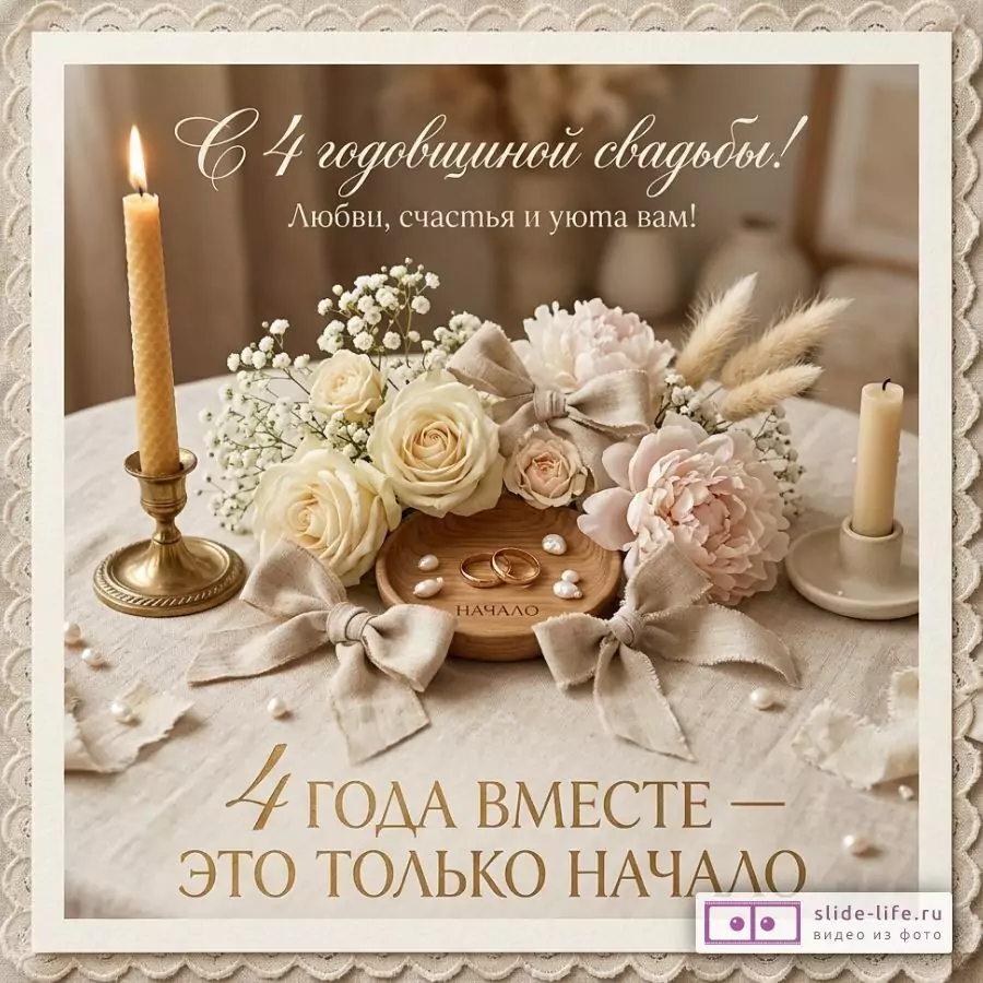 С льняной свадьбой! Красивая открытка на 4 года свадьбы