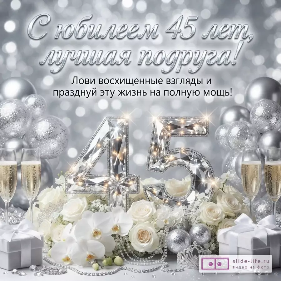 Серебристый фон с боке, шарами, цветами, бокалами шампанского, подарками и короной. В центре крупные цифры 45 из кристаллов. Текст: «С юбилеем 45 лет, лучшая подруга! Лови восхищенные взгляды и празднуй эту жизнь на полную мощь!»