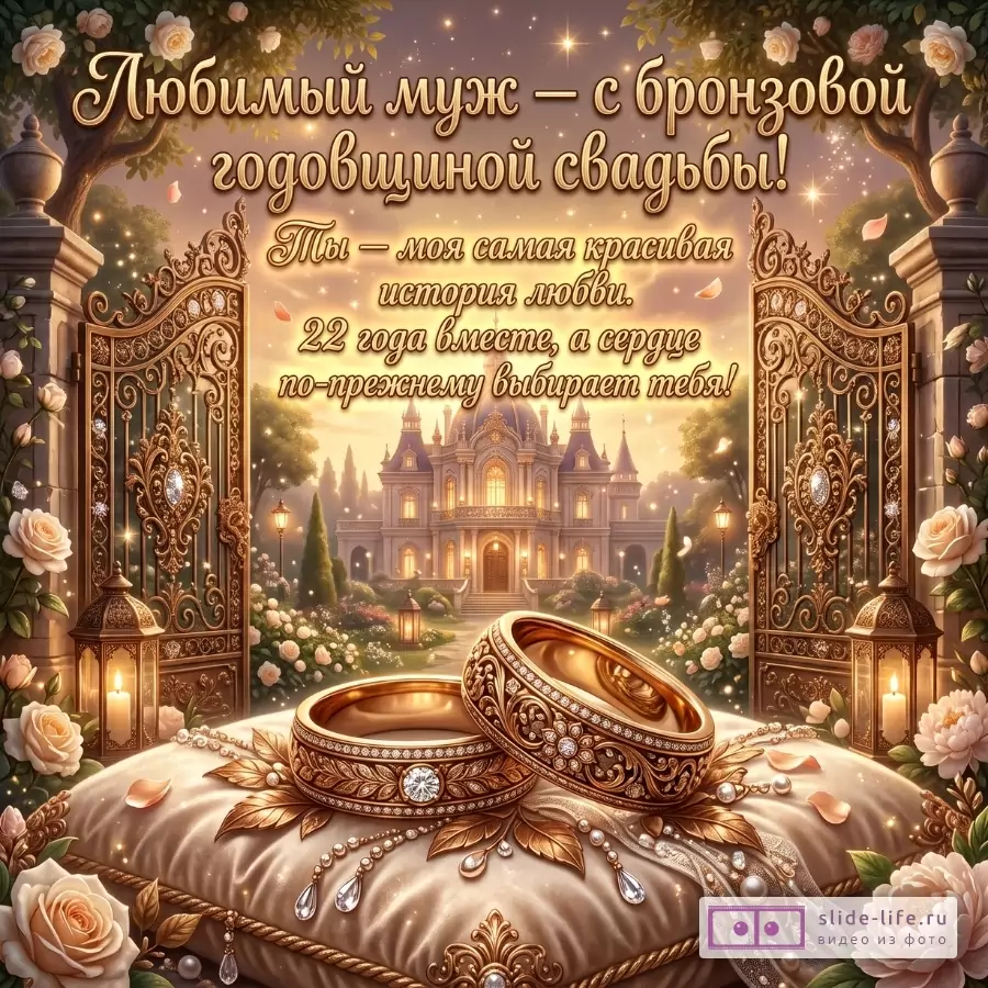 Поздравление мужу с 22 годовщиной свадьбы: «Любимый муж — с бронзовой годовщиной свадьбы!», «Ты — моя самая красивая история любви. 22 года вместе...». Золотисто-розовый фон, ворота, замок, кольца, розы.