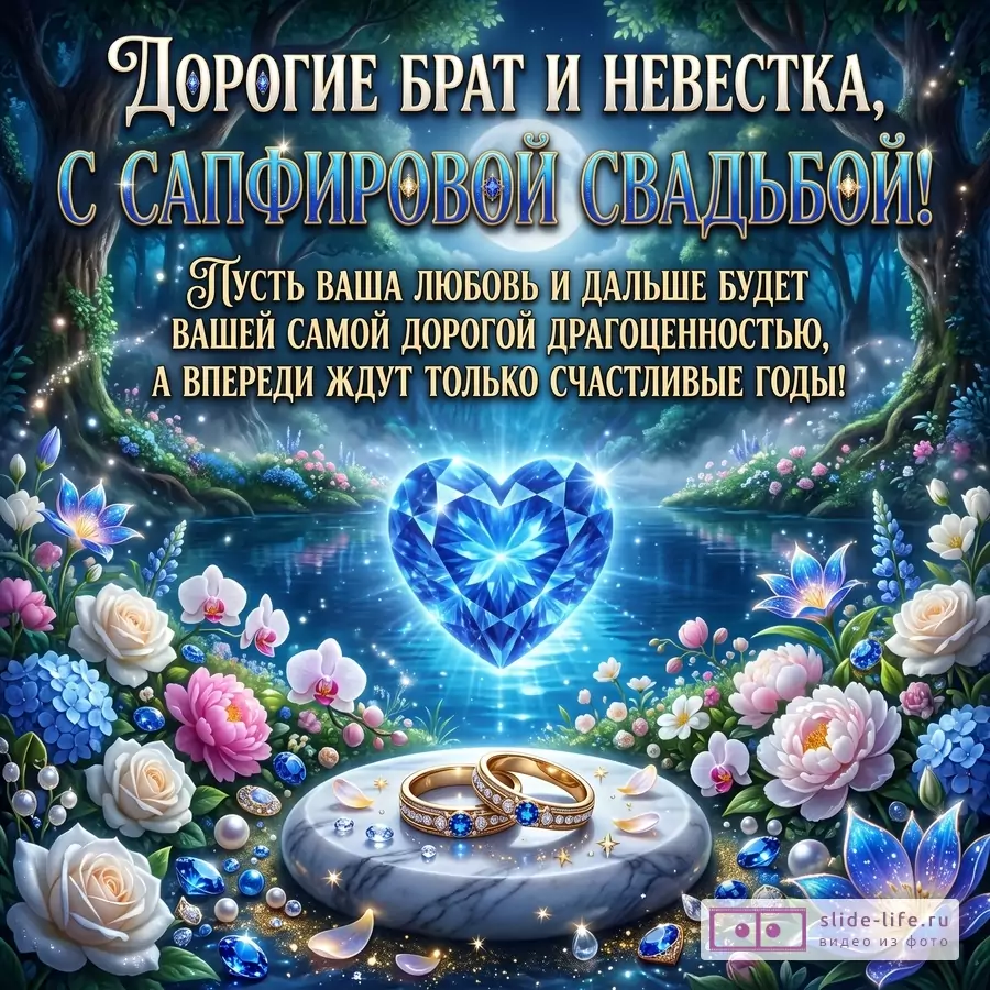 Сине-голубой лесной фон с озером, светом и цветами, сияющее сапфировое сердце, обручальные кольца. Текст: «Дорогие брат и невестка, с сапфировой свадьбой!»
