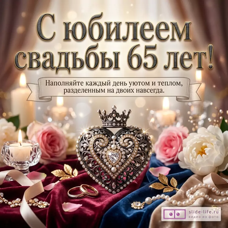 Открытка с бежево-коричневым фоном, свечами, розовыми и белыми цветами, кольцами, жемчугом и декоративным сердцем с короной, текст: «С юбилеем свадьбы 65 лет! Наполняйте каждый день уютом и теплом, разделенным на двоих навсегда.»