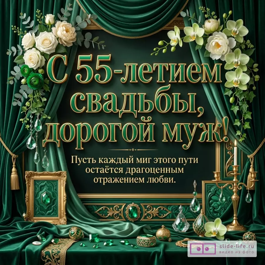 Темно-зеленая открытка с драпировками, белыми розами, пионами, орхидеями, золотыми рамками, свечами, изумрудами, подвесками и текстом «С 55-летием свадьбы, дорогой муж! Пусть каждый миг этого пути остаётся драгоценным отражением любви.»