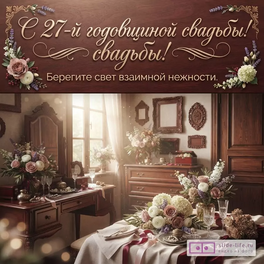 Открытка с надписью «С 27-й годовщиной свадьбы! Берегите свет взаимной нежности.» на коричневом фоне с цветочными элементами