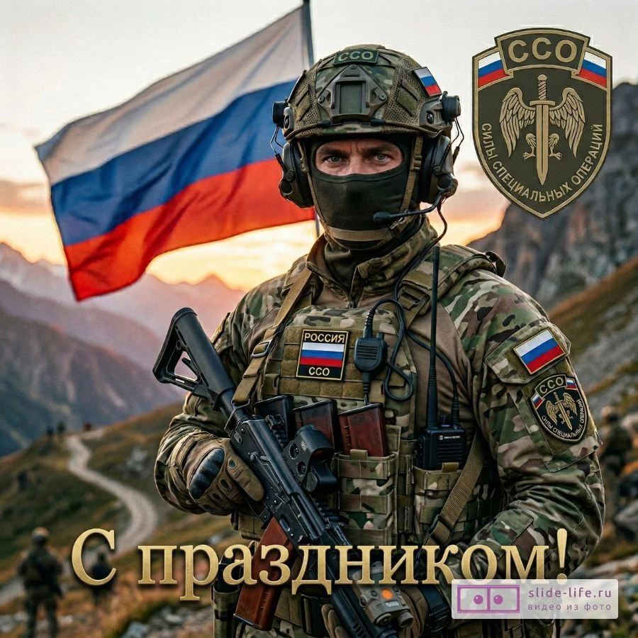 Днём Сил специальных операций — открытка для военных с флагом России