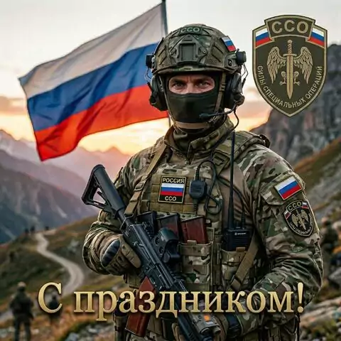 Днём Сил специальных операций — открытка для военных с флагом России