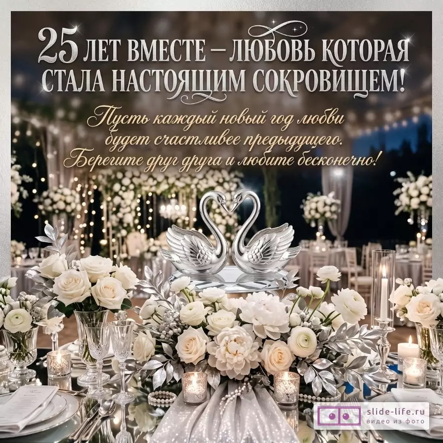 Теплый бежево-коричневый фон, банкетный стол с белыми розами, свечами и серебряными лебедями; текст «25 лет вместе — любовь которая стала настоящим сокровищем!»