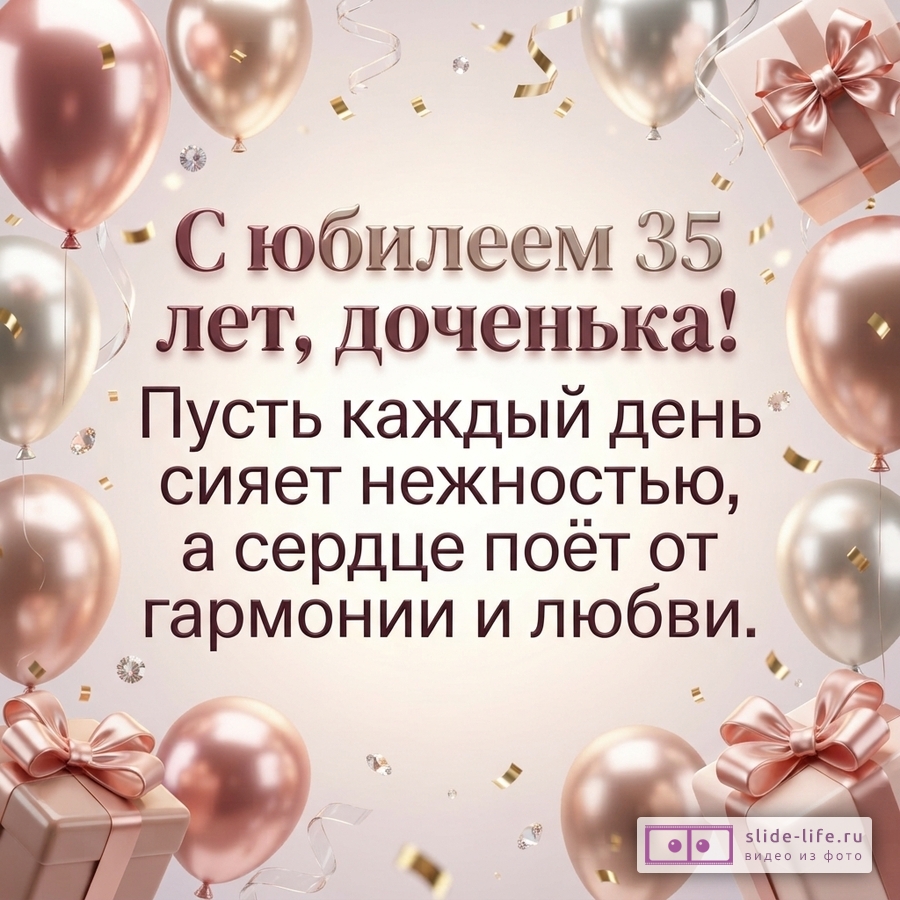 Воздушные шары цвета розового золота и подарочные коробки с бантами вокруг надписи «С юбилеем 35 лет, доченька! Пусть каждый день сияет нежностью, а сердце поёт от гармонии и любви.»